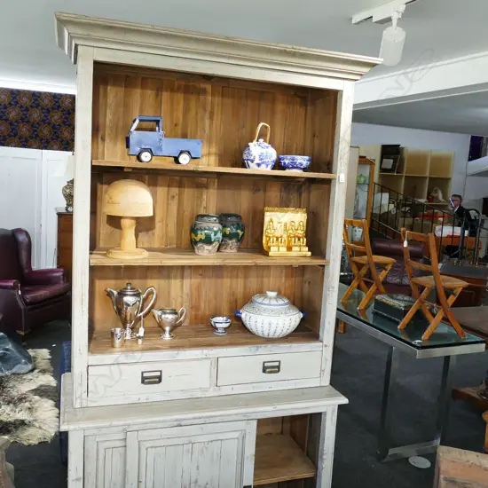 ANTIQUE COUNTRY STYLE KITCHEN DRESSER GREY PAINTED