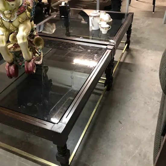 2 MAHOGANY AND BRASS GLASS TOP SIDE TABLES 720 X 720 MM