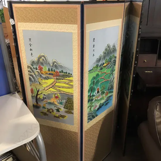 ORIENTAL 6 FOLD SCREEN FEAT. EMBROIDERED LANDSCAPES