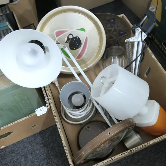BOX OF ASSORTED LAMPS AND VINTAGE TRAYS