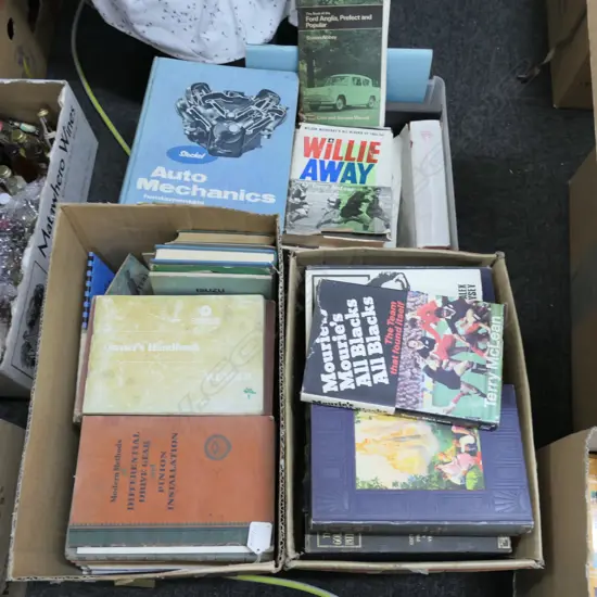 THREE BOXES GOOD BOOKS; VINTAGE CAR MANUALS, RUGBY ETC