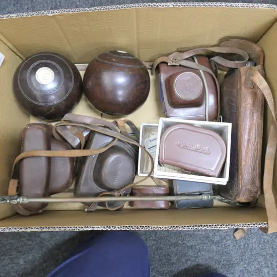 BOX LOT CAMERAS, BOWLING BALLS ETC