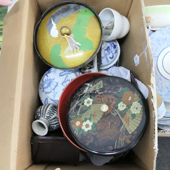 BOX LOT ASST. RETRO ITEMS; 3 LACQUER BOXES, CROWN LYNN, GINGER JARS ETC
