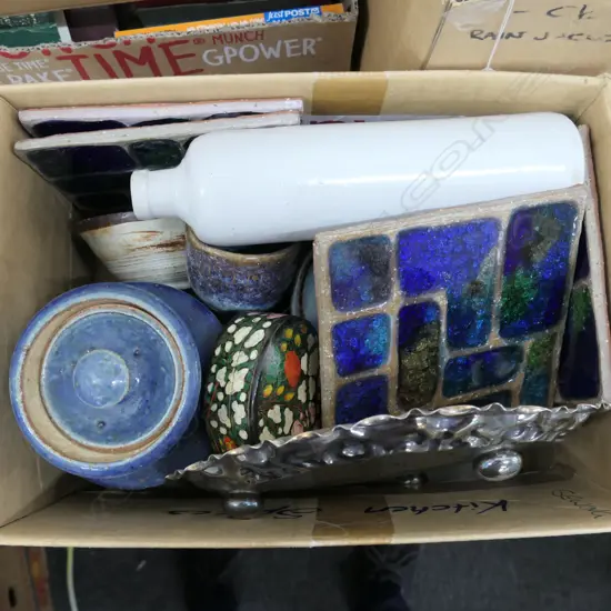 BOX LOT POTTERY, TILES ETC