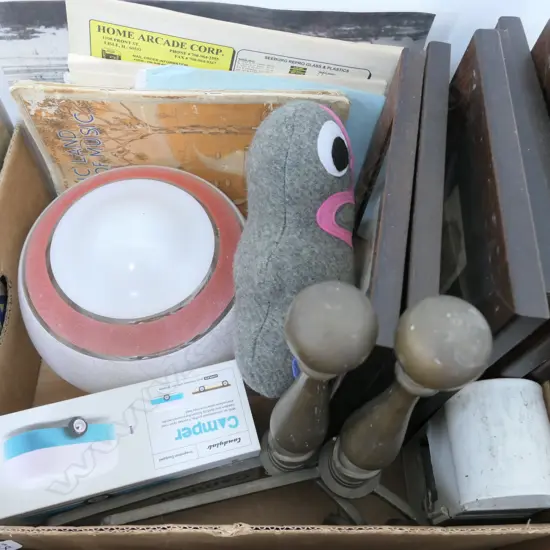 BOX LOT SHEET MUSIC, LIGHTSHADE, TIKI DOLL, FRAMES ETC