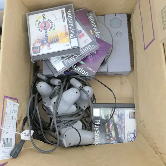 BOX WITH PLAYSTATION, 2 CONTROLLERS, GAMES ETC