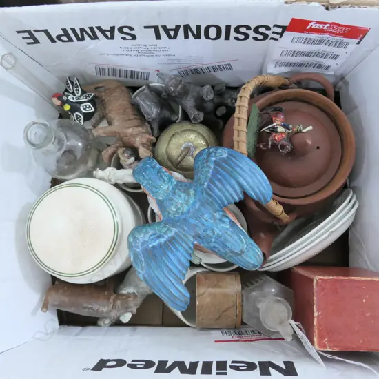 BOX LOT ASST. VINTAGE ITEMS; CHILDS TEA SET, TEAPOT, RHINOS ETC