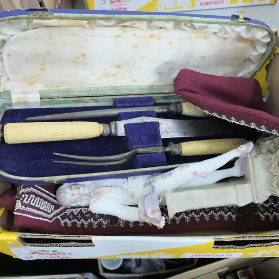 VICTORIAN EMBROIDERY, FIGURINE, FAUX BONE CARVING SET BOXED