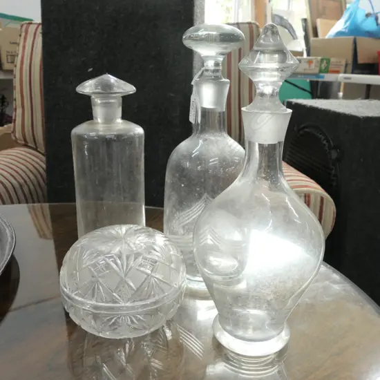 3 DECANTERS AND CRYSTAL LIDDED BOWL