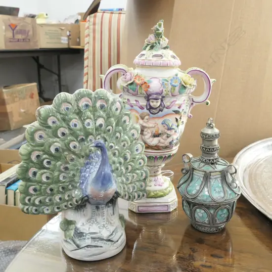 3 CERAMIC PIECES; PEACOCK, 2 VASES AF