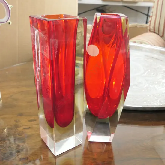 TWO RED ART GLASS VASES 200MM H