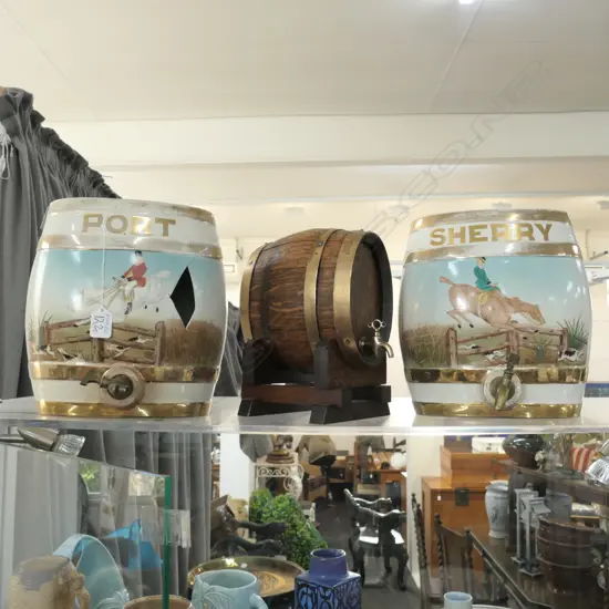 19THC POT AND SHERRY BARRELS +SMALL WOODEN KEG H270 MM