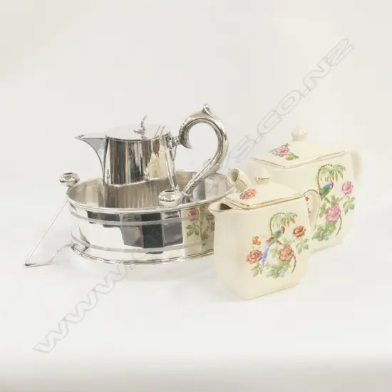 TWO EMPIREWARE TEAPOTS, EP JUG AND BOWL HOLDER