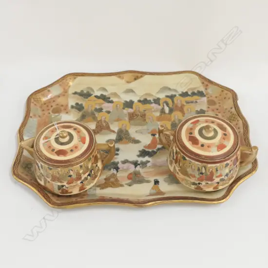 C1890 JAPANESE SATSUMA TRAY SUGAR & CREAMER LIDDED