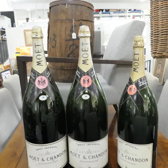 3 LARGE MOET CHAMPAGNE BOTTLES 750MM H AND BARREL