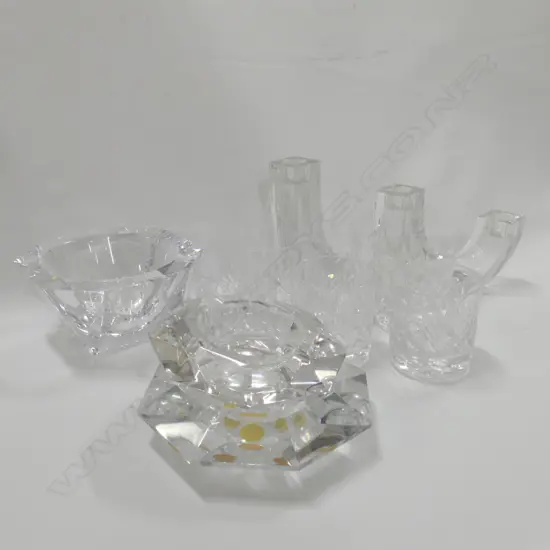 6 CRYSTAL TUMBLERS/SIGNED CANDLE STICK/+ 3 ASHTRAYS 2 M.V.S.L