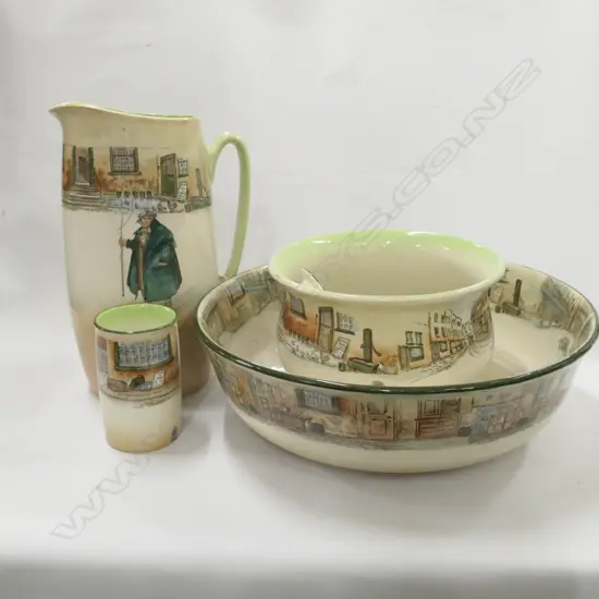 R/DOULTON DICKENS WARE 5 PC BATHROOM SETBOWL/JUG/CHAMBER POT/SOAP +TOOTH BRUSH HOLDER