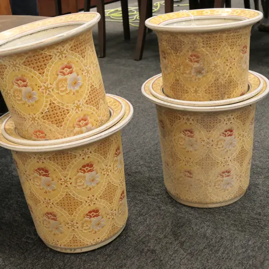 6 YELLOW FLORAL PLANT POTS, 2 SIZES LARGEST BEING H. 280MM
