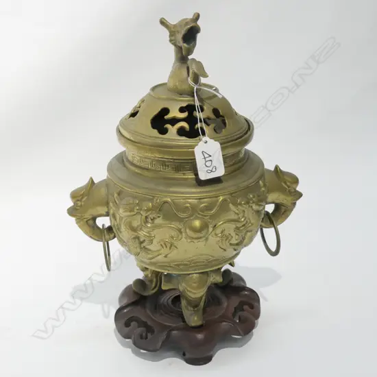 OLD CHINESE BRASS INCENSE BURNER ON STAND
