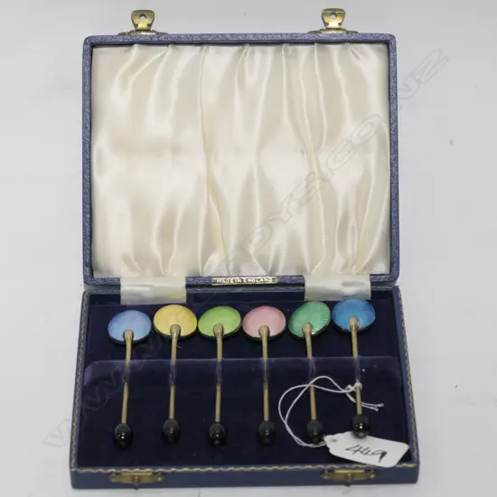 CASED SET COLOURED ENAMEL BACKED COFFEE SPOONS