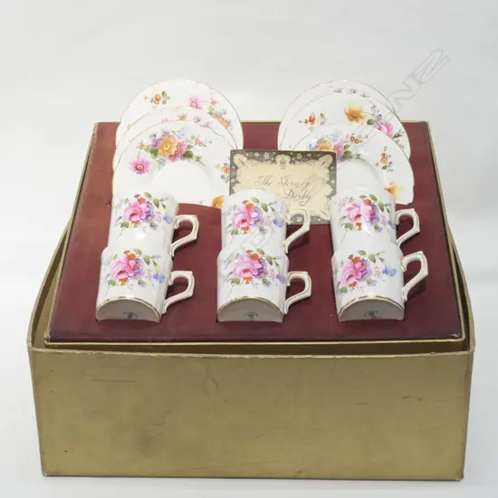 BOXED R.C. DERBY COFFEE CANS AND SAUCERS