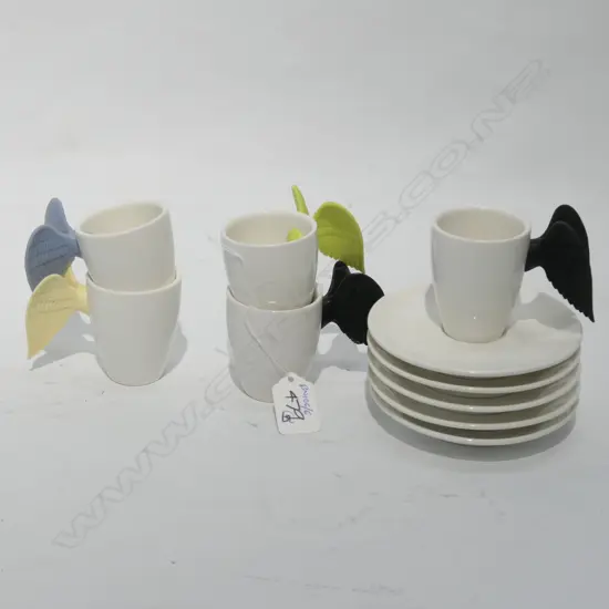 5 GREEN + ASSOCIATES PLASTIC WING COFFEE CUPS AND SAUCERS