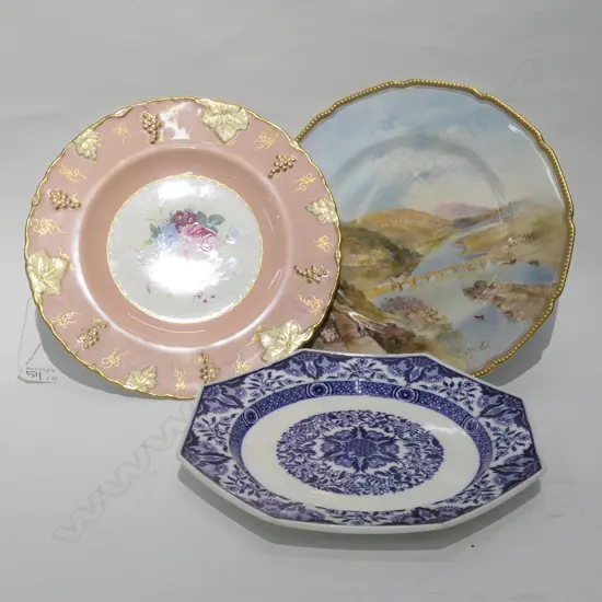 3 PLATES; DANISH B/W, ROYAL CROWN DERBY, BRIDGE SCENE