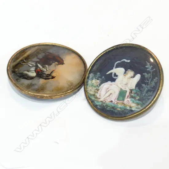 TWO DELIGHTFUL & RARE HAND PAINTED GEORGIAN BUTTONS 