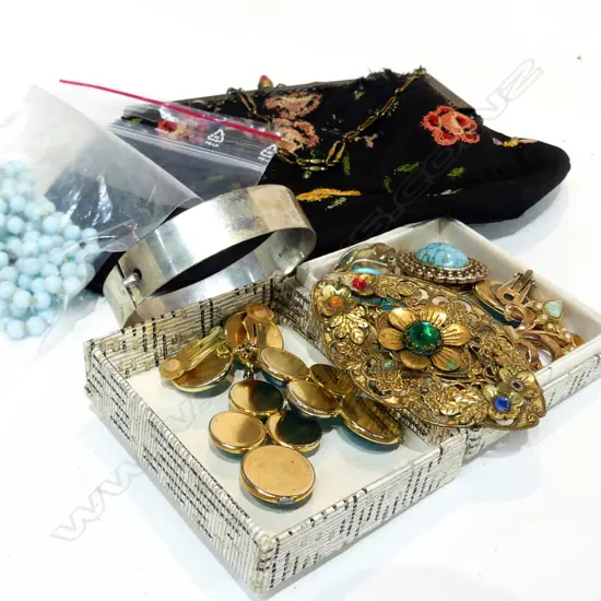 BOX LOT COSTUME JEWELLERY, PURSE ETC