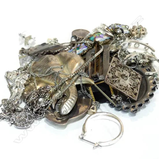 ASSORTED SILVER NECKLACES/EARRINGS/BROOCHES ETC