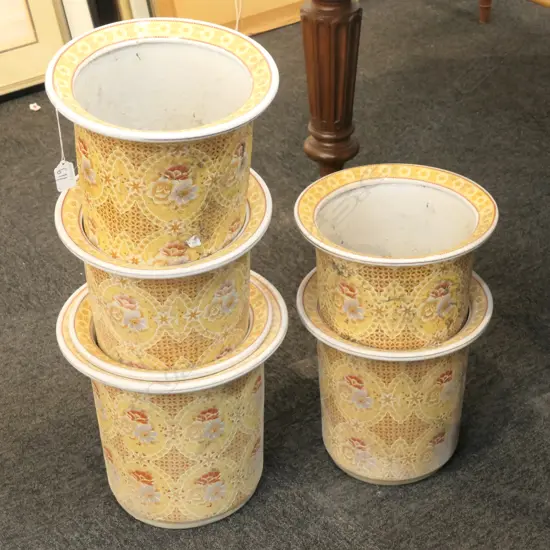 6 YELLOW FLORAL PLANT POTS, 2 SIZES LARGEST BEING H. 280MM