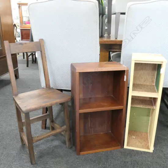 ANTIQUE WOODEN CHILD'S CHAIR (H. 750MM),SMALL WOODEN BOOK CASE & DOLL'S HOUSE SHELL