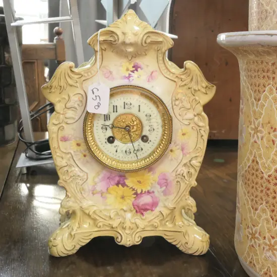 S . F AND CO FLORAL DECORATED MANTLE CLOCK H 290 MM