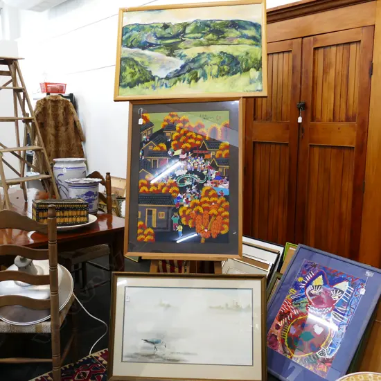 3 LARGE ARTWORKS  -OIL BY WENDY LEACH/WATERCOLOUR BY G.T. CURLE & AN ACRYLIC