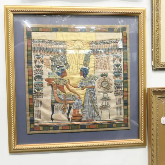 FRAMED EGYPTIAN SCENE ON CLOTH 710 X 710 MM