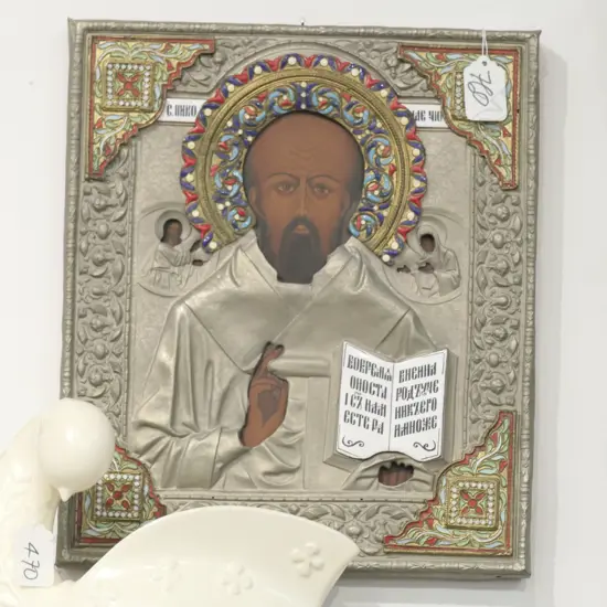 RUSSIAN ICON OF A SAINT WITH METAL OWLAD HIGHLIGHTED WITH ENAMELS. 355 x 300mm
