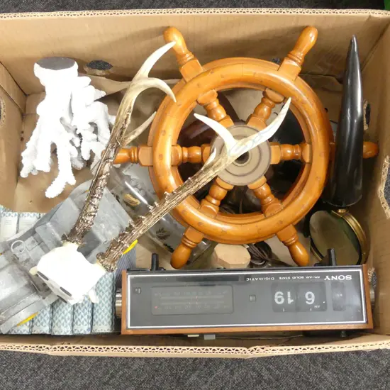 BOX LOT ASST. DECOR ITEMS, CLOCK, CAR, SHIPS WHEEL, FAUX CORAL ETC