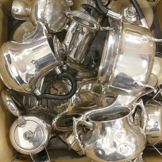 LARGE BOX LOT EP, TEAPOTS, SUGARS, JUGS ETC