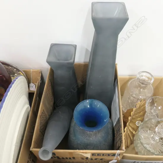 BOX LOT FROSTED BLUE GLASS VASES