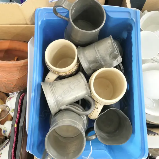 BOX 5 PEWTER TANKARDS & 4 OTHERS 19THC ETC