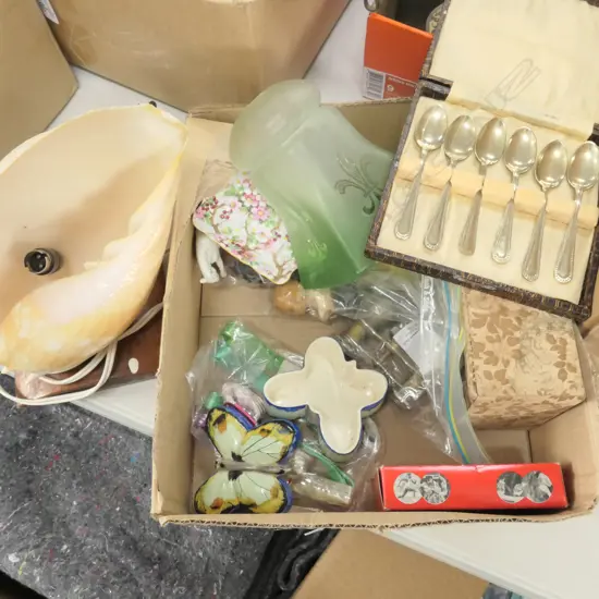 LOT DOLLS/OPERA GLASSES/SHELL LAMP TEASPOONS ETC