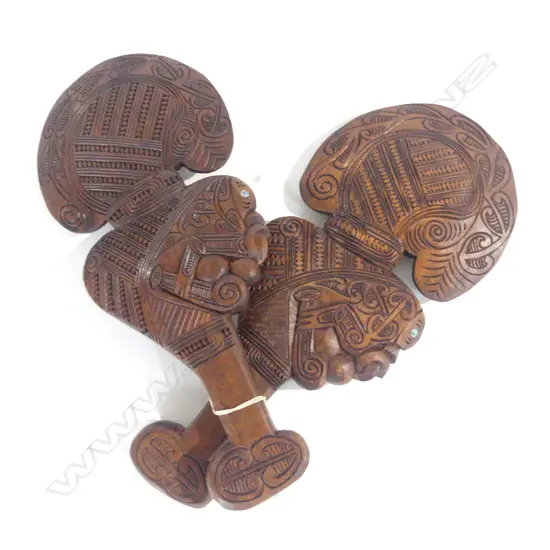 PAIR MAORI CARVED HAND CLUBS / WHIAKA 340MM L