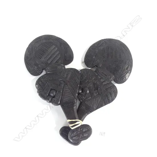 PAIR MAORI CARVED HAND CLUBS / WHIAKA 340MM L