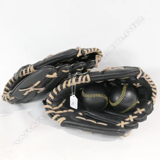 TWO PAIRS VINTAGE STYLE GENUINE LEATHER BASEBALL GLOVES AND 2 BALLS