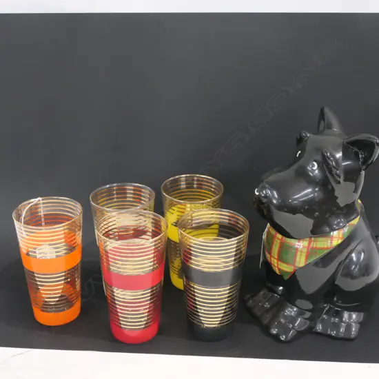 FIVE RETRO GLASSES AND DOG BICCIE BARREL