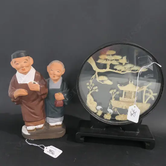 CHINESE CORK CARVING AND A FIGURINE