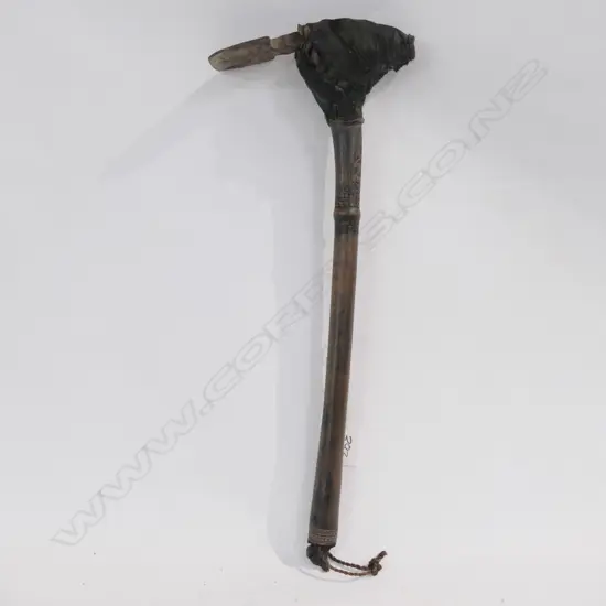 2 BARK QUIVERS, ONE w LID, CONTAINING A STEEL BLADED ADZE & MELANESIAN SPEAR HEADED CLUB