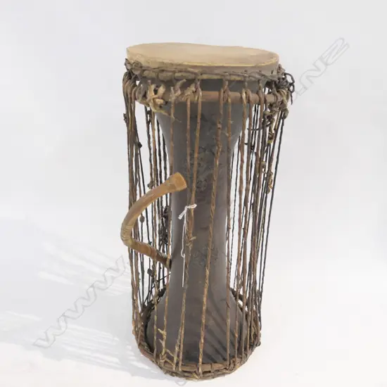 NIGERIAN YORUBA GANGAN TALKING DRUM & DRUMSTICK w SNAKESKIN DRUMHEADS