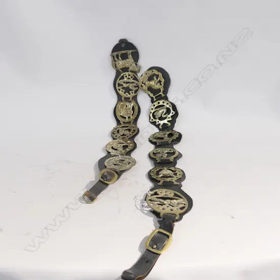 2 LEATHER HORSE BRASSES STRAP EA. WITH 6 BRASSES