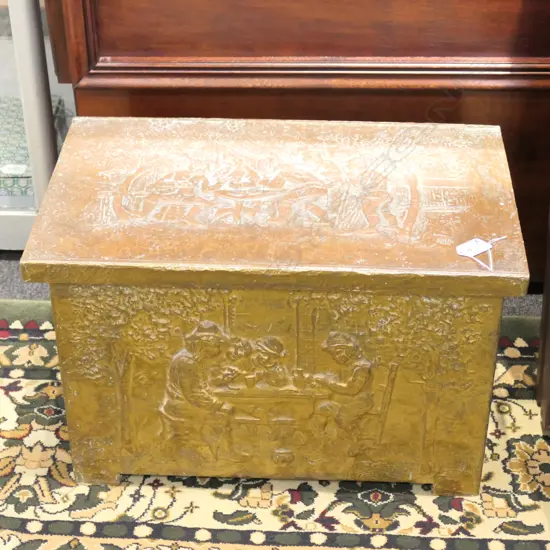 BRASS SHEATHED WOODBOX EMBOSSED w TAVERN SCENES 